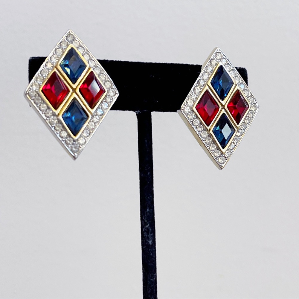 Vintage 2 Tone Gold Silver Tone Red Blue Rhinestone Diamond Clip Earrings 80s